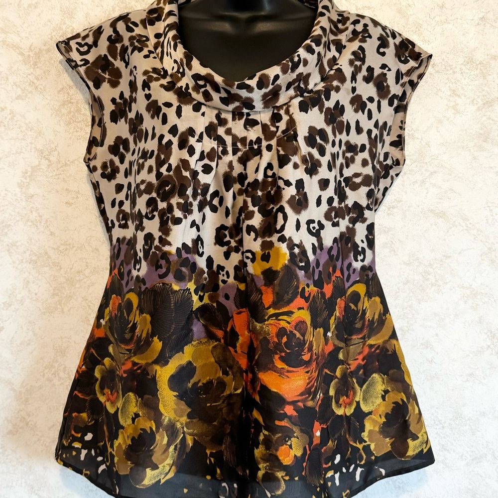 Charter Club Sleeveless Cowl Neck Leopard Floral Print Tunic Blouse Size 8
